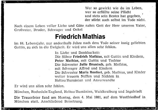 Mathias Friedrich 1896-1981 Todesanzeige